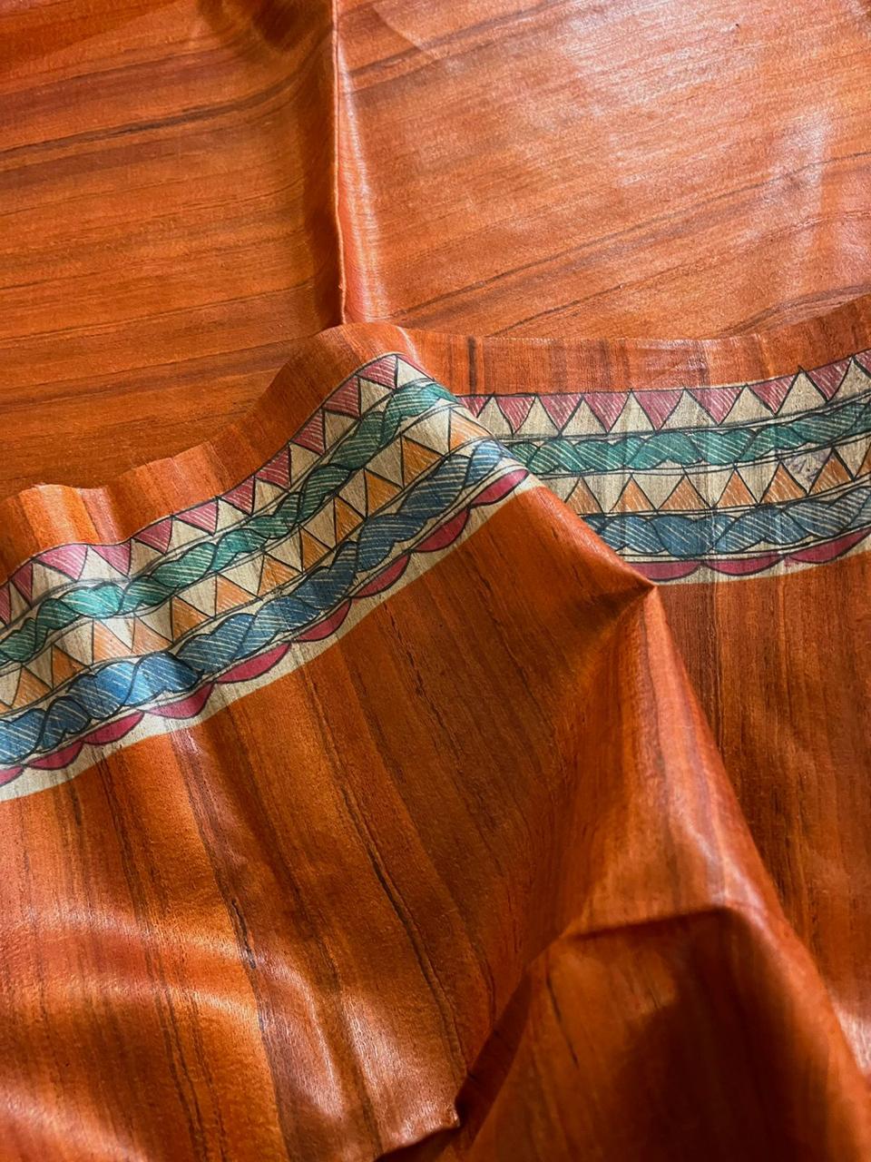 Handloom Pure Tussar Ghicha Silk Saree with Handpainted Madhubani Anchal & Border - Image 4