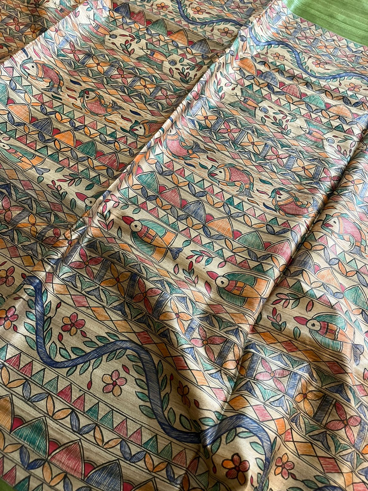 Handloom Pure Tussar Ghicha Silk Saree with Handpainted Madhubani Anchal & Border - Image 3