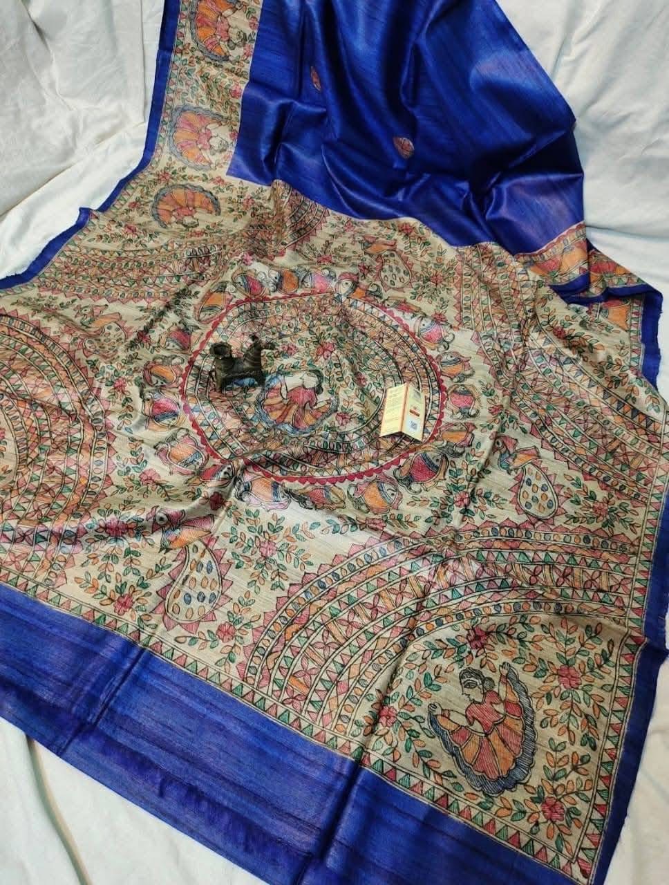 Handloom Pure Tussar Ghicha Silk Saree featuring handpainted Madhubani art on the anchal and border