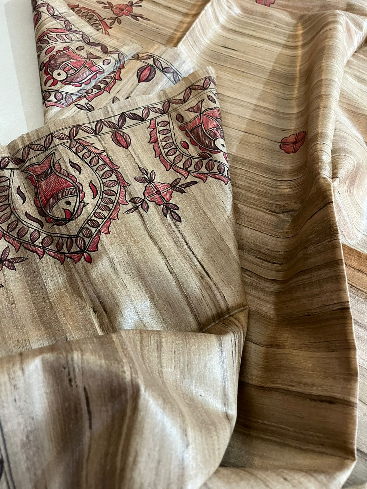 Handloom Pure Tussar Ghicha Silk Saree with Handpainted Madhubani Anchal & Border - Image 5