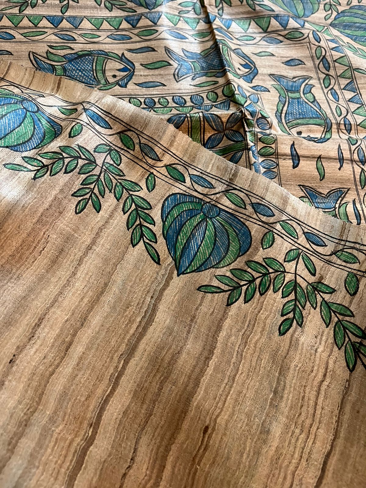 Handloom Pure Tussar Ghicha Silk Saree with Handpainted Madhubani Anchal & Border - Image 5