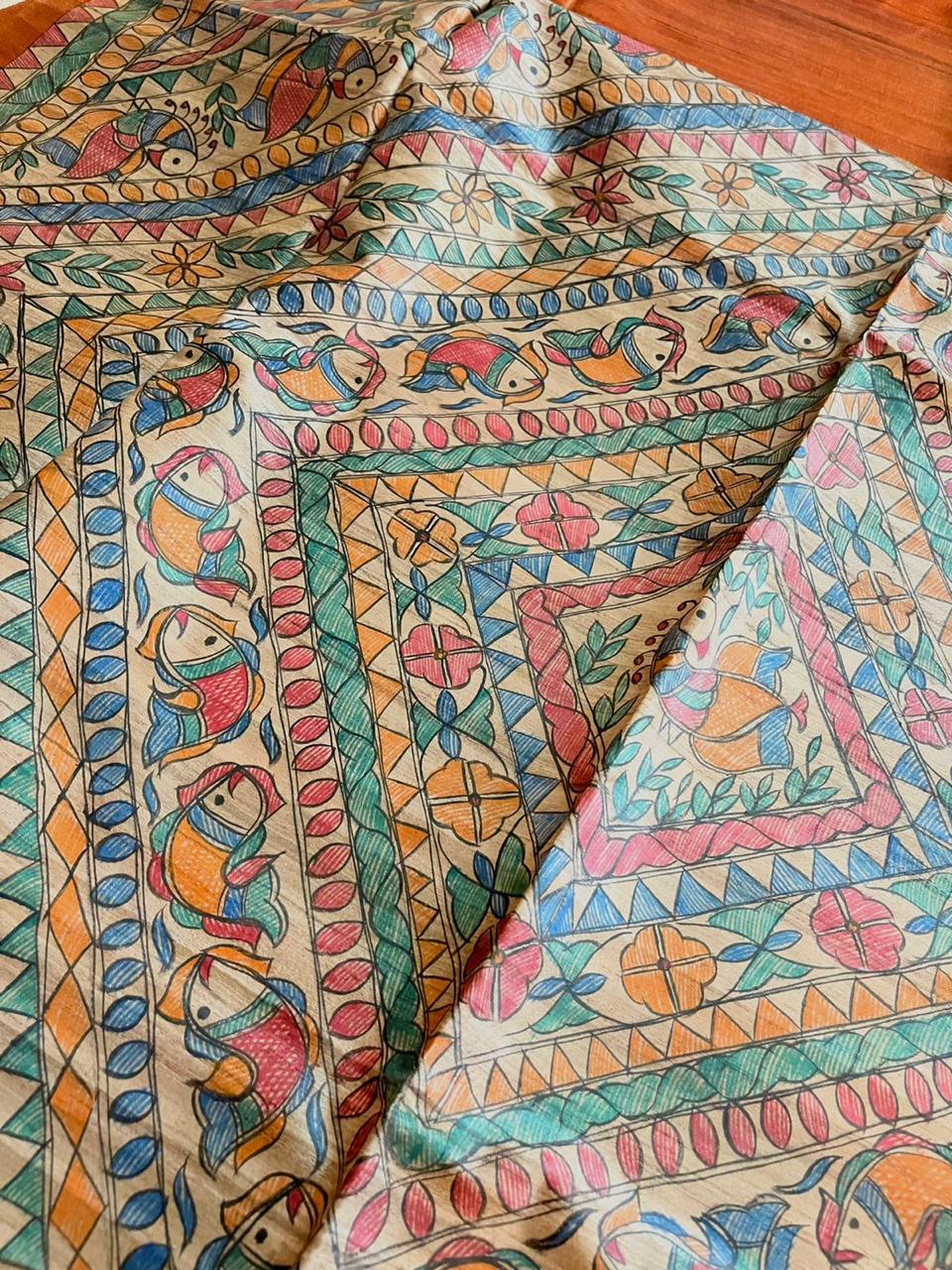 Handloom Pure Tussar Ghicha Silk Saree with Handpainted Madhubani Anchal & Border - Image 5
