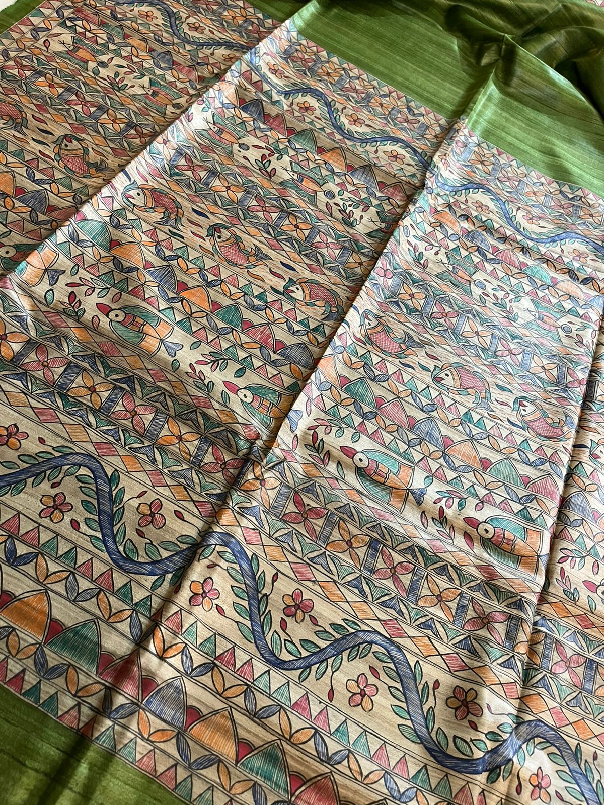 Handloom Pure Tussar Ghicha Silk Saree with Handpainted Madhubani Anchal & Border - Image 2