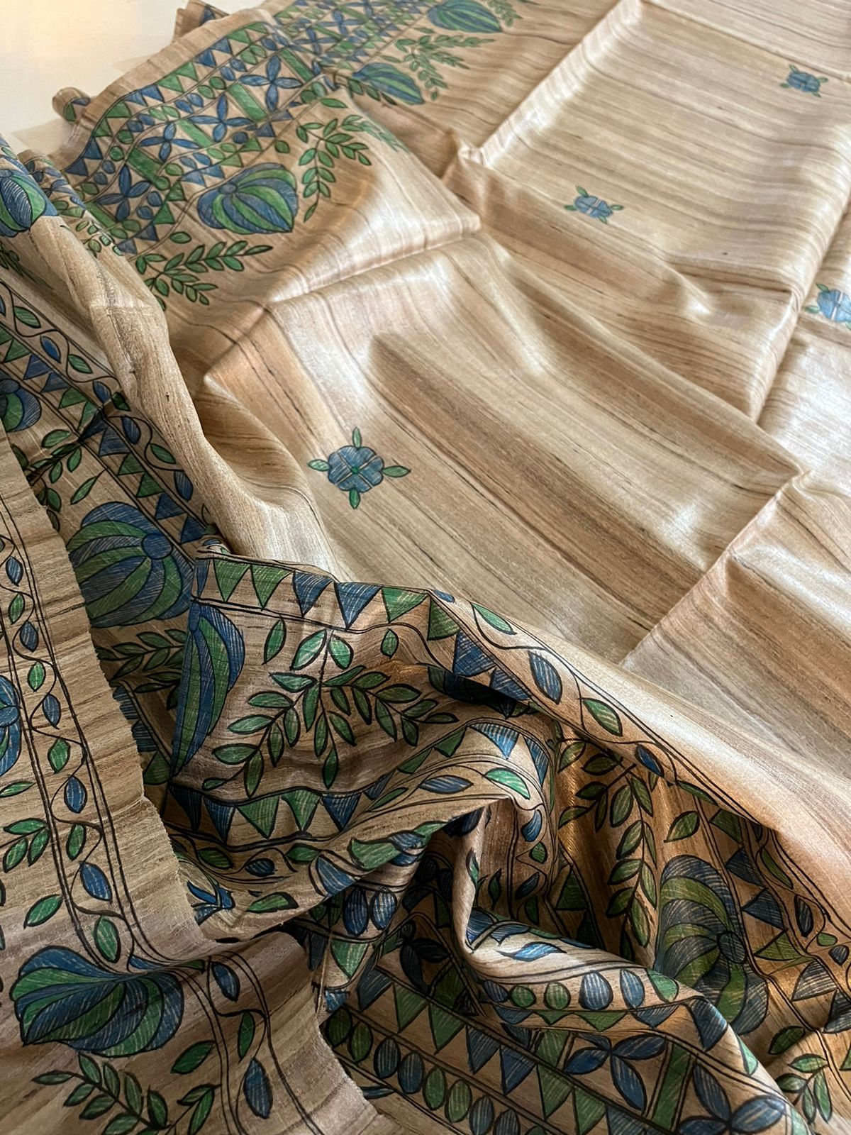 Handloom Pure Tussar Ghicha Silk Saree with Handpainted Madhubani Anchal & Border - Image 6