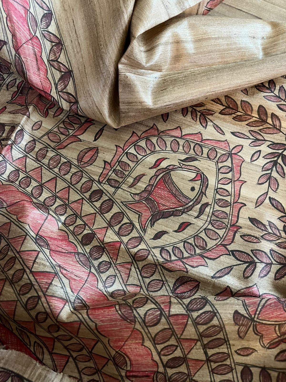 Handloom Pure Tussar Ghicha Silk Saree with Handpainted Madhubani Anchal & Border - Image 6