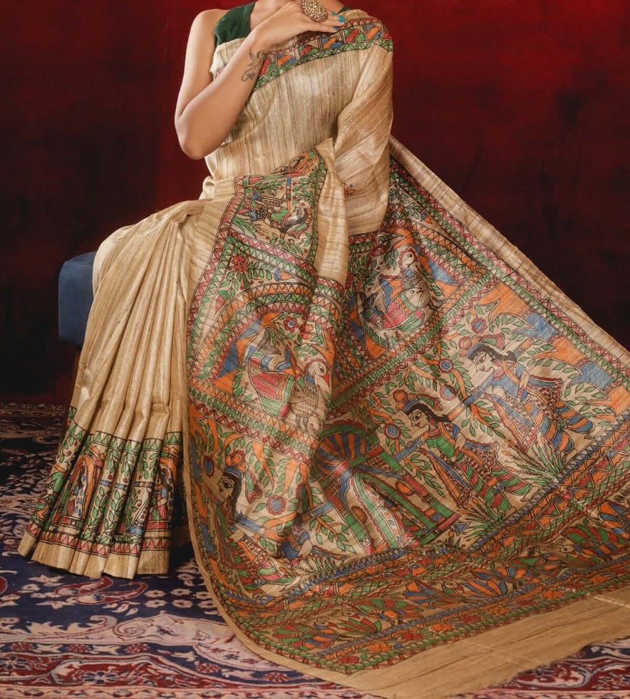 Handloom Pure Tussar Ghicha Silk Saree featuring handpainted Madhubani art on the anchal and border