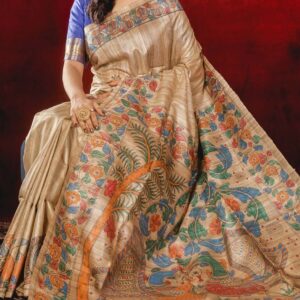 Handloom Pure Tussar Ghicha Silk Saree with Handpainted Madhubani Anchal & Border