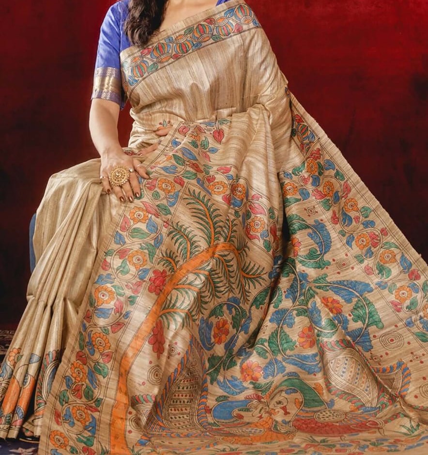 Handloom Pure Tussar Ghicha Silk Saree featuring handpainted Madhubani art on the anchal and border