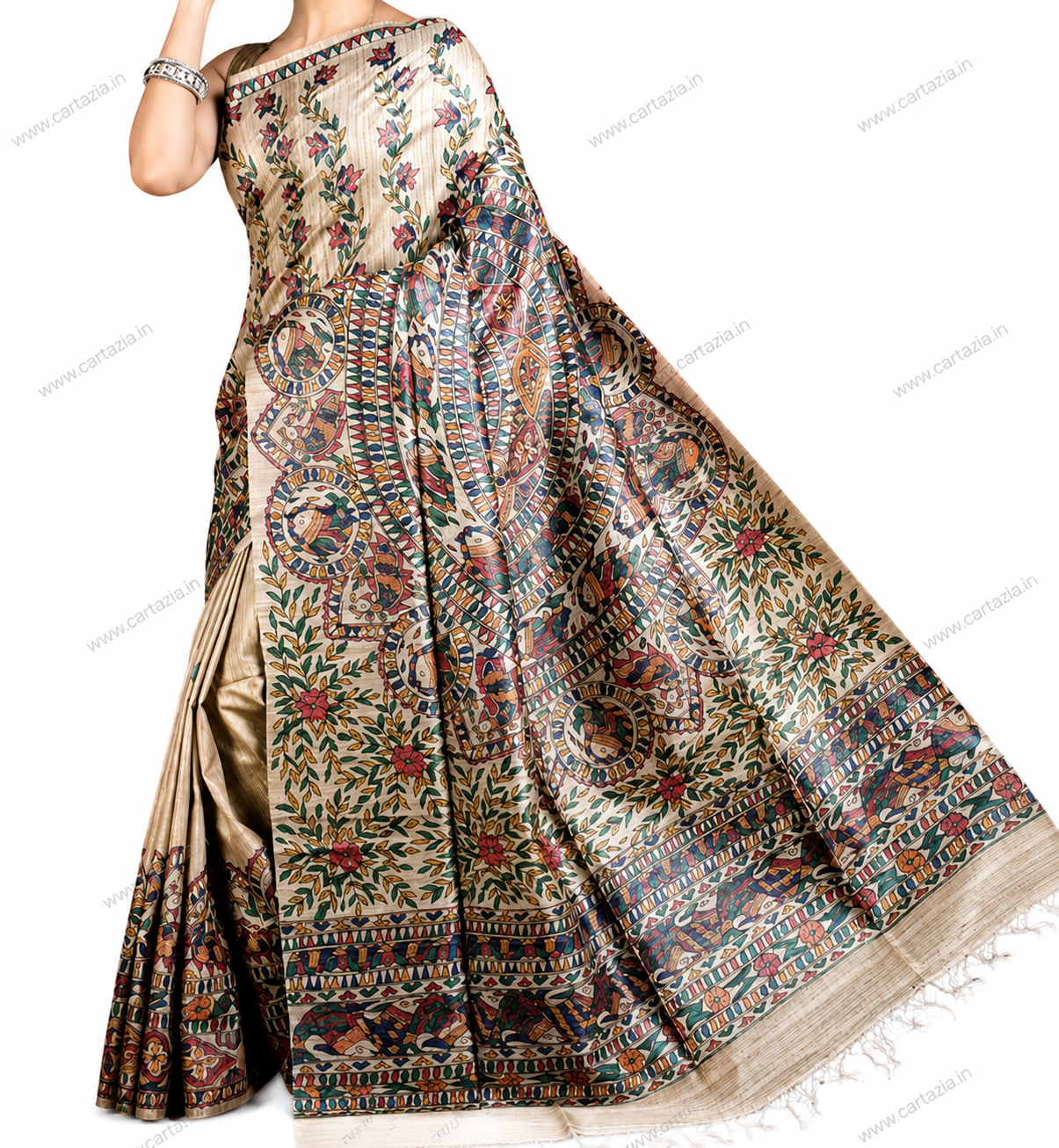 Pure Tussar Ghicha Silk Saree with Half Body Handpainted Madhubani Art 003 2 Half body Madhubani handpainted pure Tussar Ghicha silk saree close up design