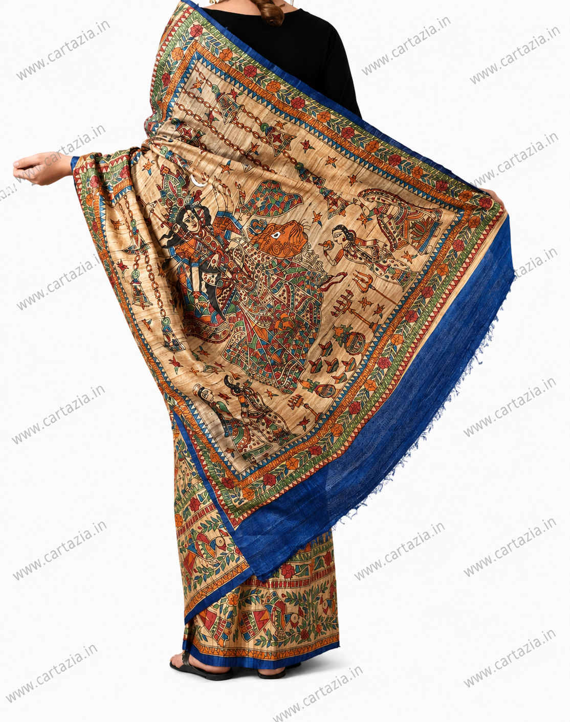 Pure Tussar Ghicha Silk Saree with Half Body Handpainted Madhubani Art 015