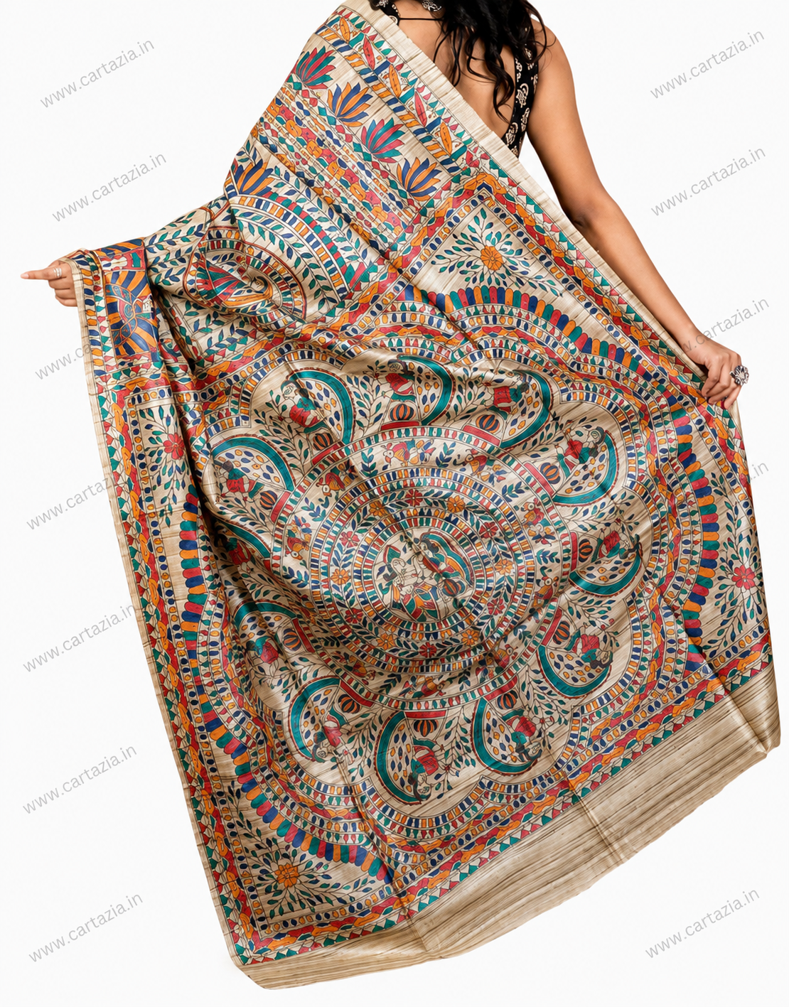 Pure Tussar Ghicha Silk Saree with Half Body Handpainted Madhubani Art 007 5 Pure Tussar Ghicha Silk Saree with Half Body Handpainted Madhubani Art 007 - Image 3