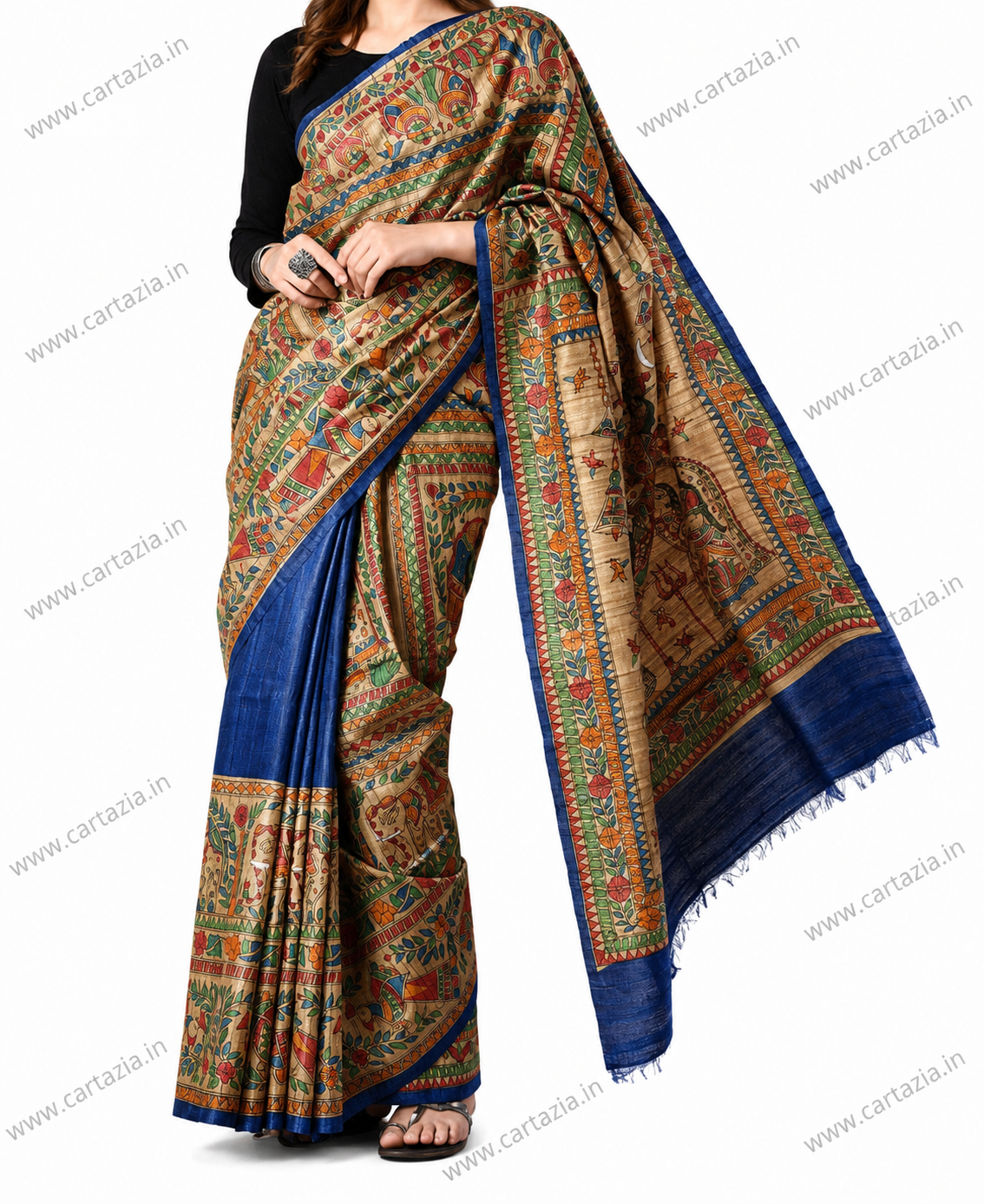 Pure Tussar Ghicha Silk Saree with Half Body Handpainted Madhubani Art 015 4 Pure Tussar Ghicha Silk Saree with Half Body Handpainted Madhubani Art 015 - Image 3